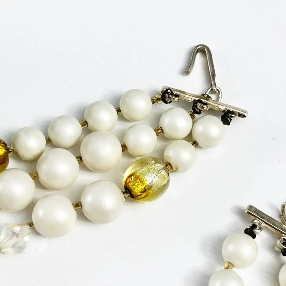 Vintage Mid-Century 3-Strand Faux Pearl Gold & AB Necklace